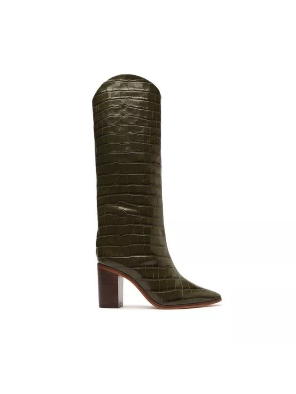 Schutz Maryana Knee High Boot Block Heel Tall Western Croc Embossed Leather
